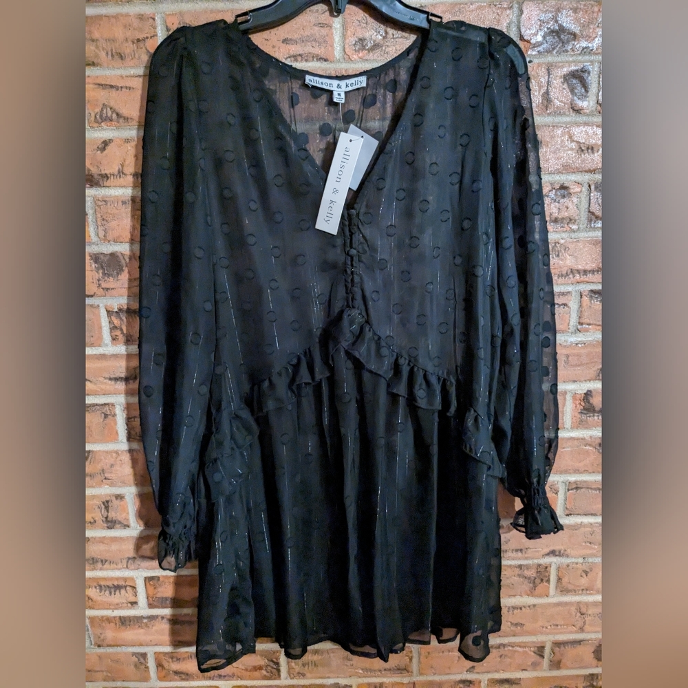 Long Sleeve Sheer Mini Dress in Black Size M